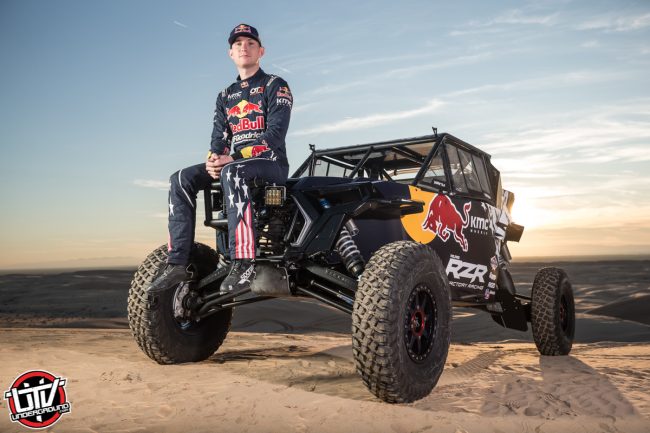 Red Bull Off-Road Junior Team member Mitch Guthrie poses for a portrait at Glamis in Brawley, CA