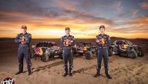 Red Bull Off-Road Junior Team members Blade Hildebrand, Mitch Guthrie, and Seth Quintero pose for a portrait at Glamis in Brawley, CA